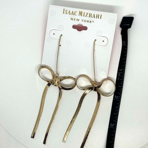 ISAAC MIZRAHI Gold Tone Dangling Bow Hook Earrings - Picture 5 of 7